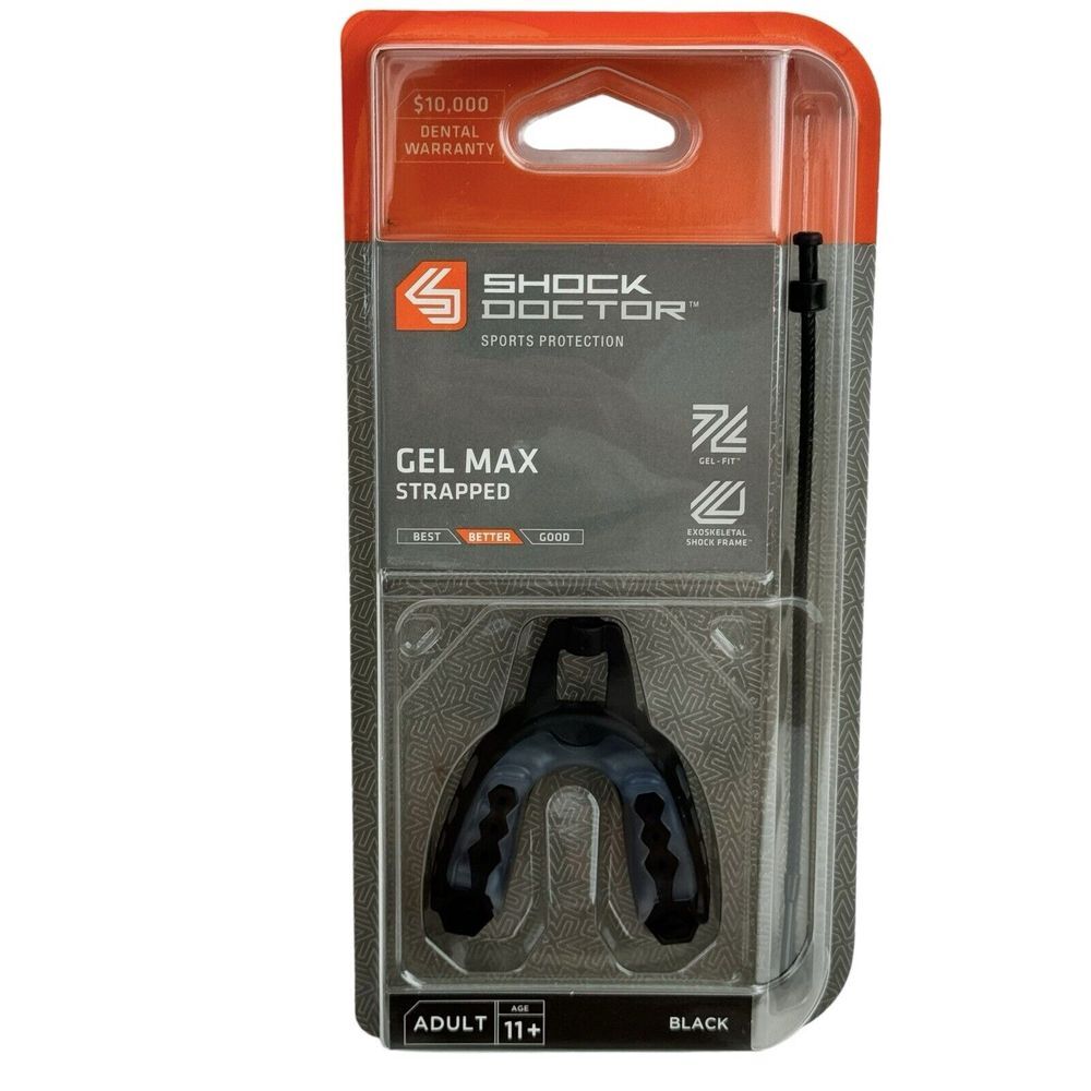 Shock Doctor Mouthguard Gel Max Strapped Sports Adult (Age 11+) Black 6211A NIP